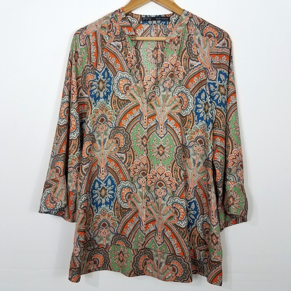 Zara Basic Paisley Split Hem Tunic Top Medium - image 1